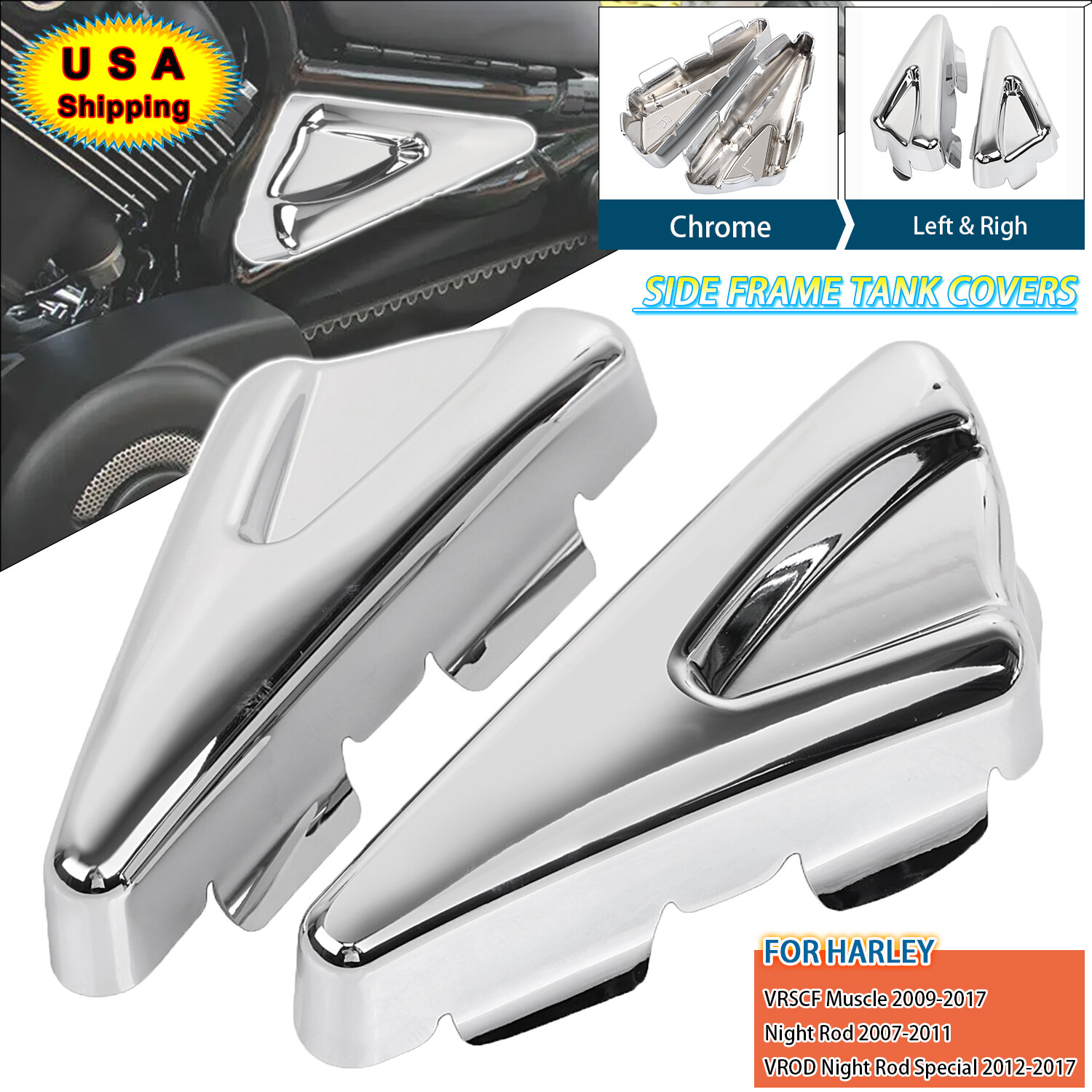 Left&Right Chrome Tank Side Frame Covers For Harley V-Rod 09-17 Night Rod 07-11
