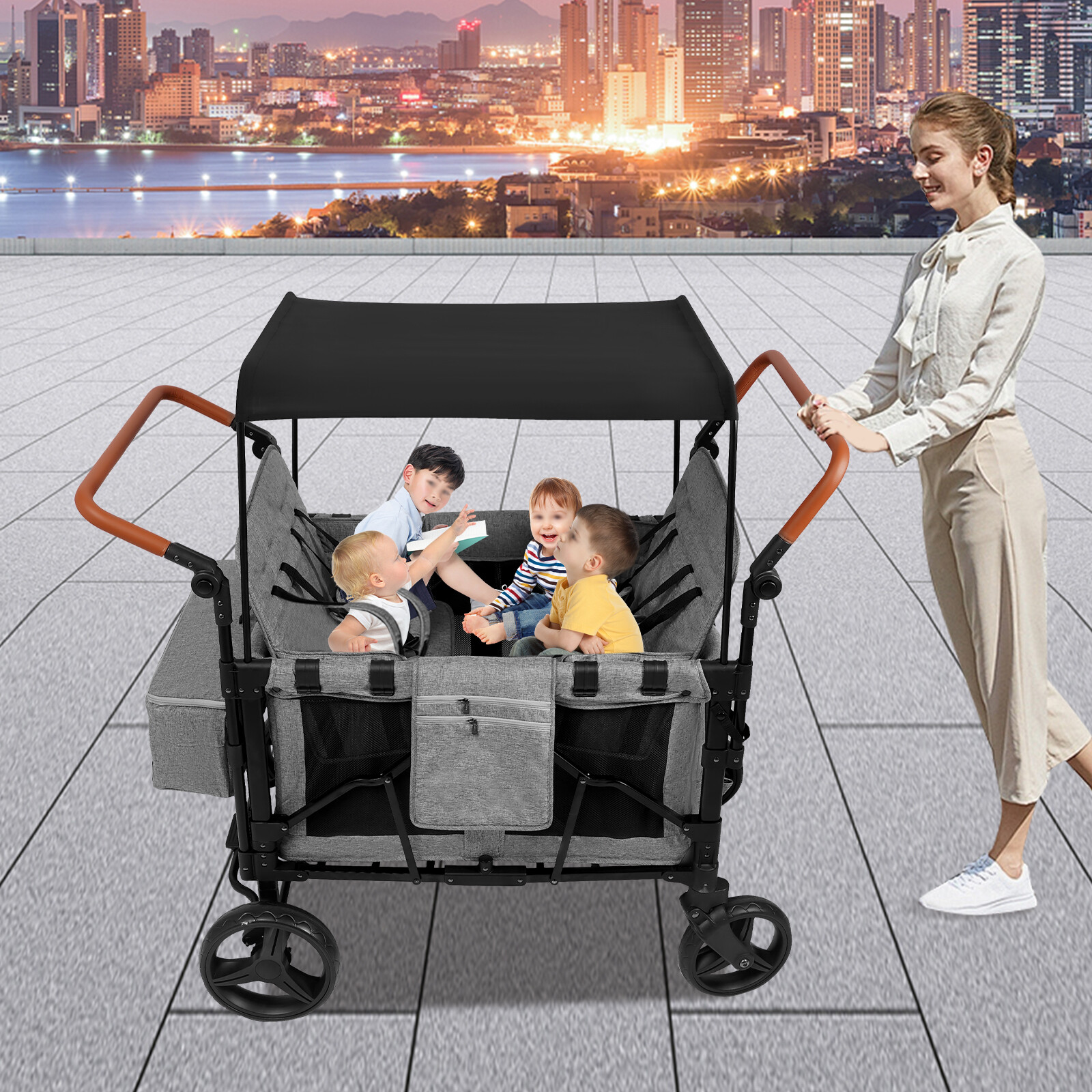 High Seat Stroller Wagon Freestand Wagon Cart Featuring Push Bar Wagon Stroller