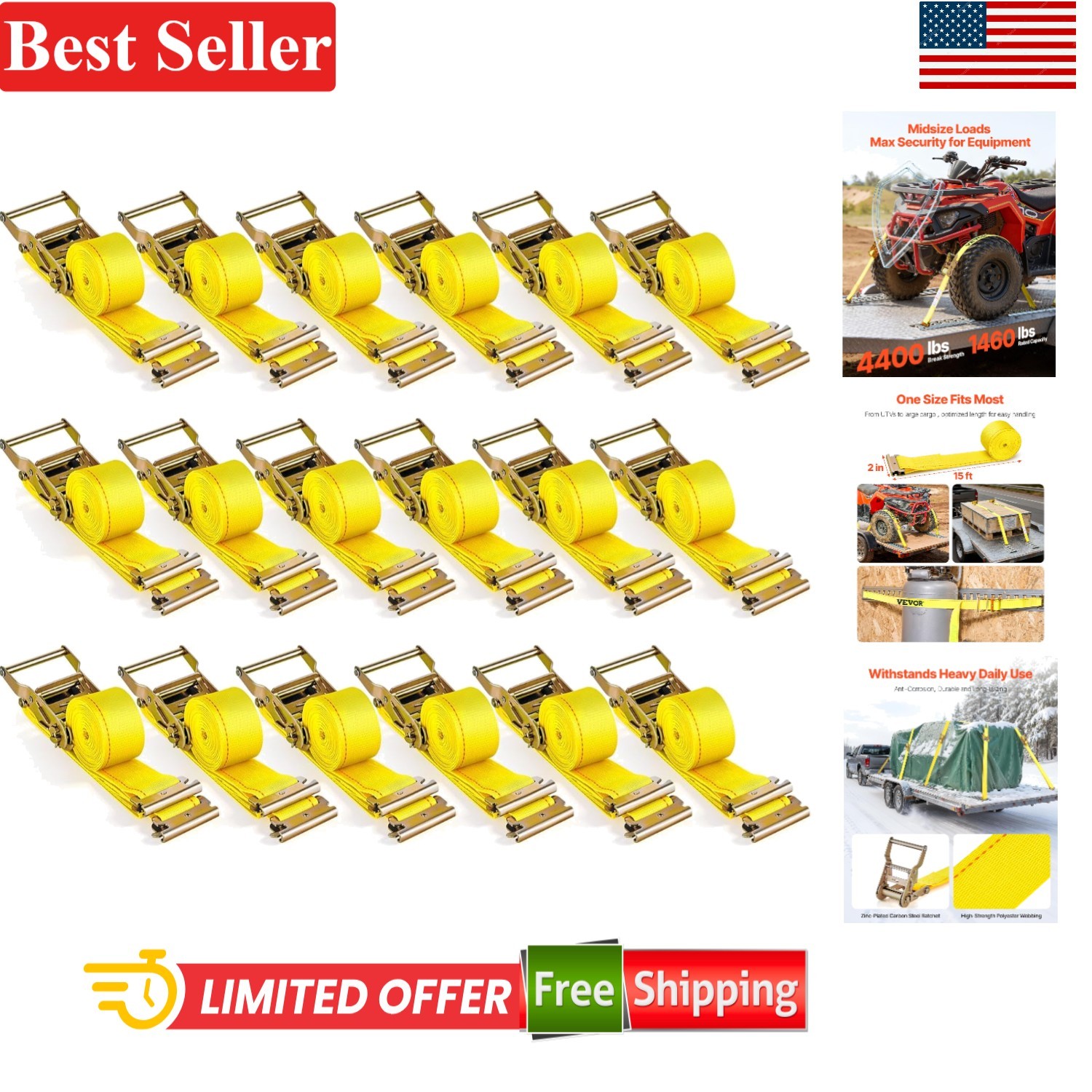 Heavy-Duty 18PCS E-Track Ratchet Straps, 4400 lbs - Waterproof Polyester, Yellow