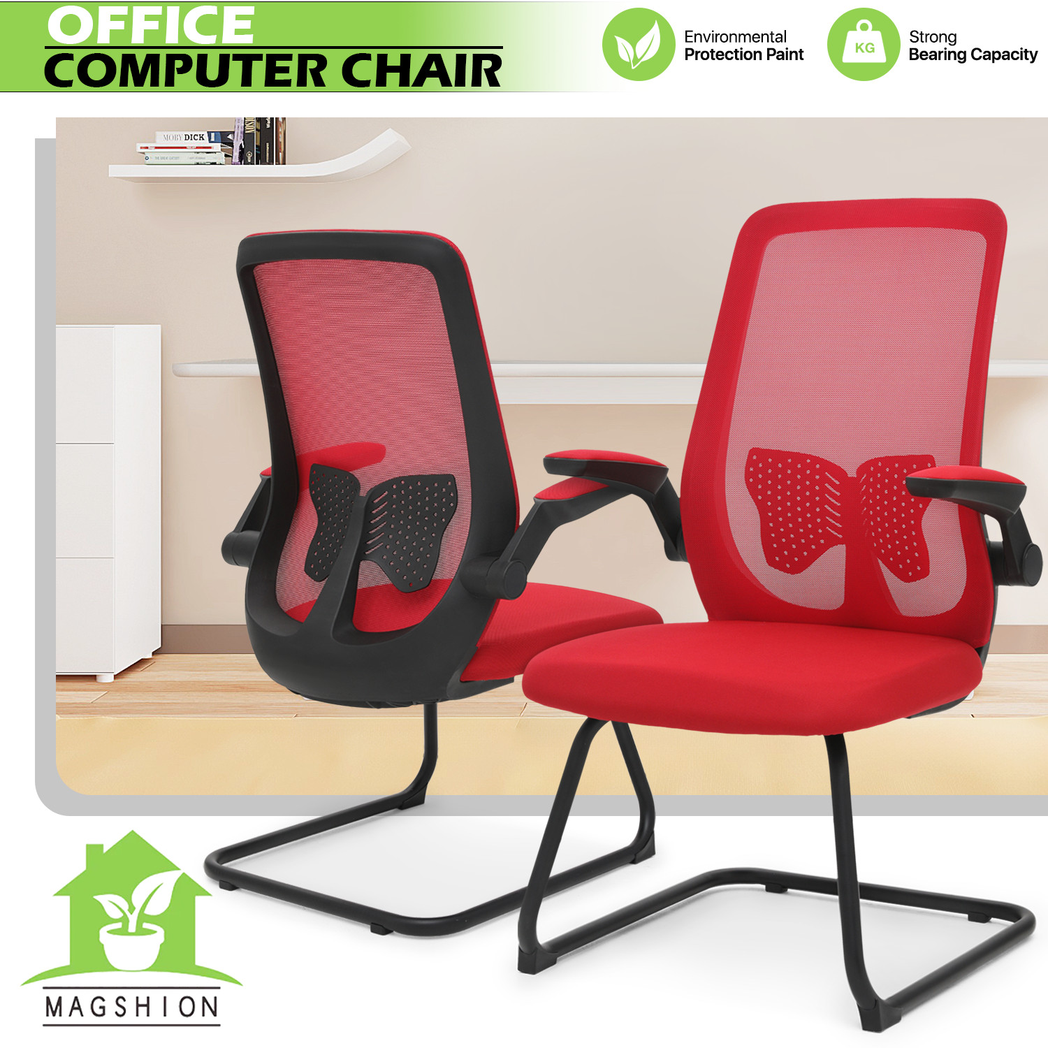 [PAIR SET]Red  High Back Sled Base Computer PC Guest Chair Office Reception Seat