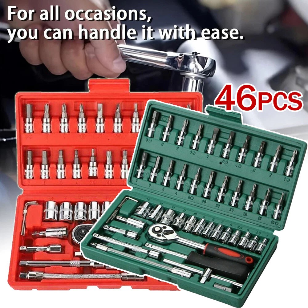 46Pcs 1/4" Drive Ratchet Wrench Socket Set Spanner Repair Tool Kit with Case
