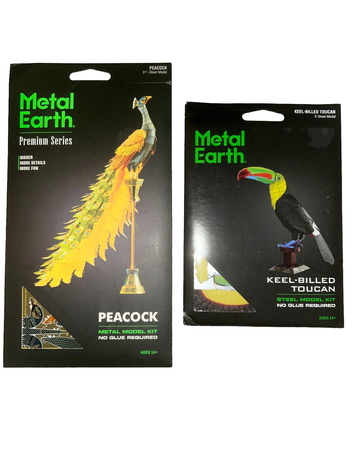 2 Metal Earth 3D Models: Peacock and Keel-Billed Toucan