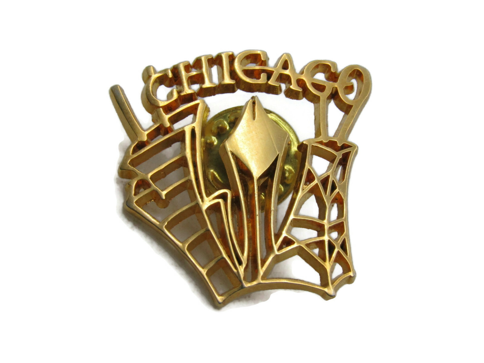 Vintage Chicago Skyline Lapel Pin Gold Tone Cutout Cityscape Souvenir Hat Pin IL