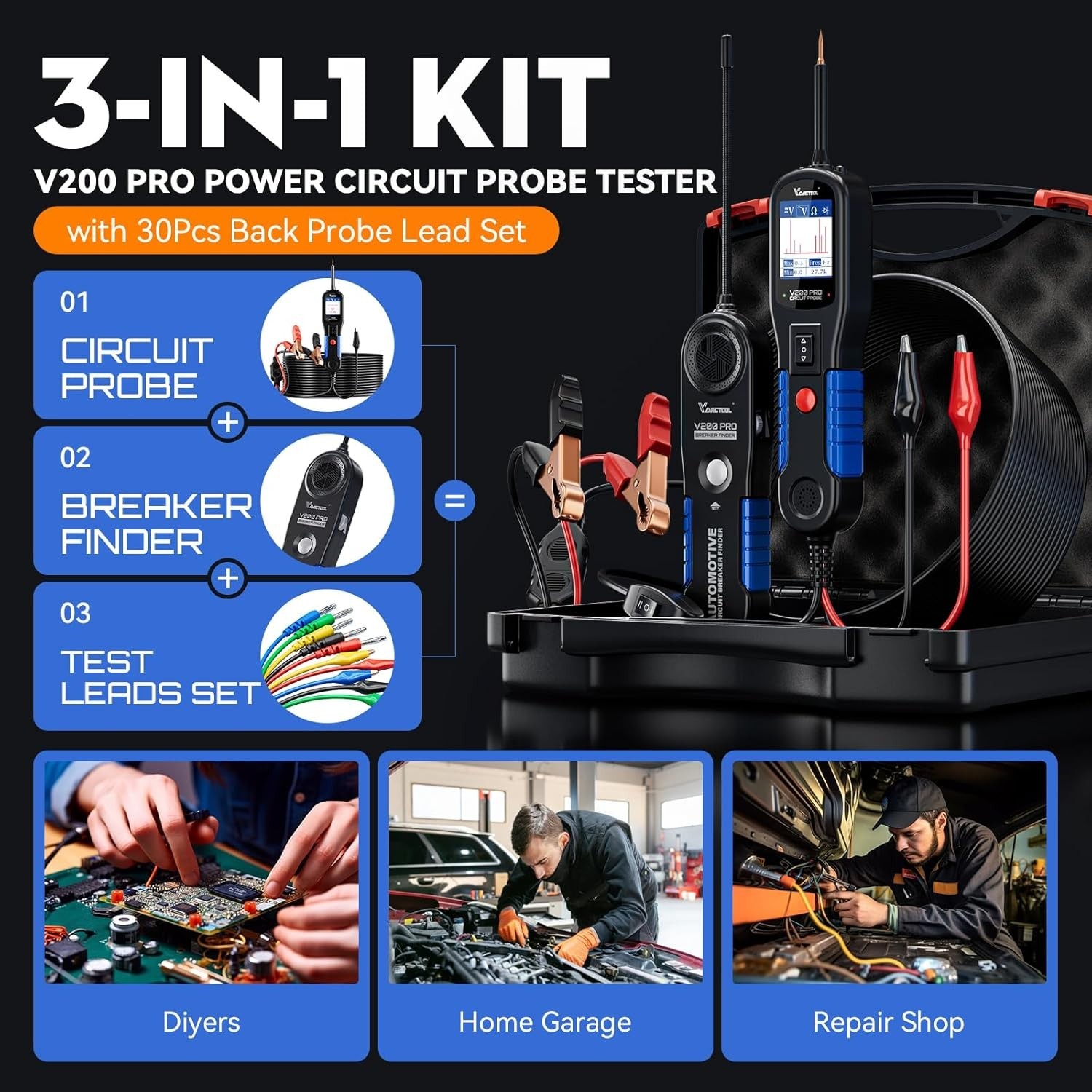 Multi-Function Electrical Tester for Auto Repairs with Probing Accessories