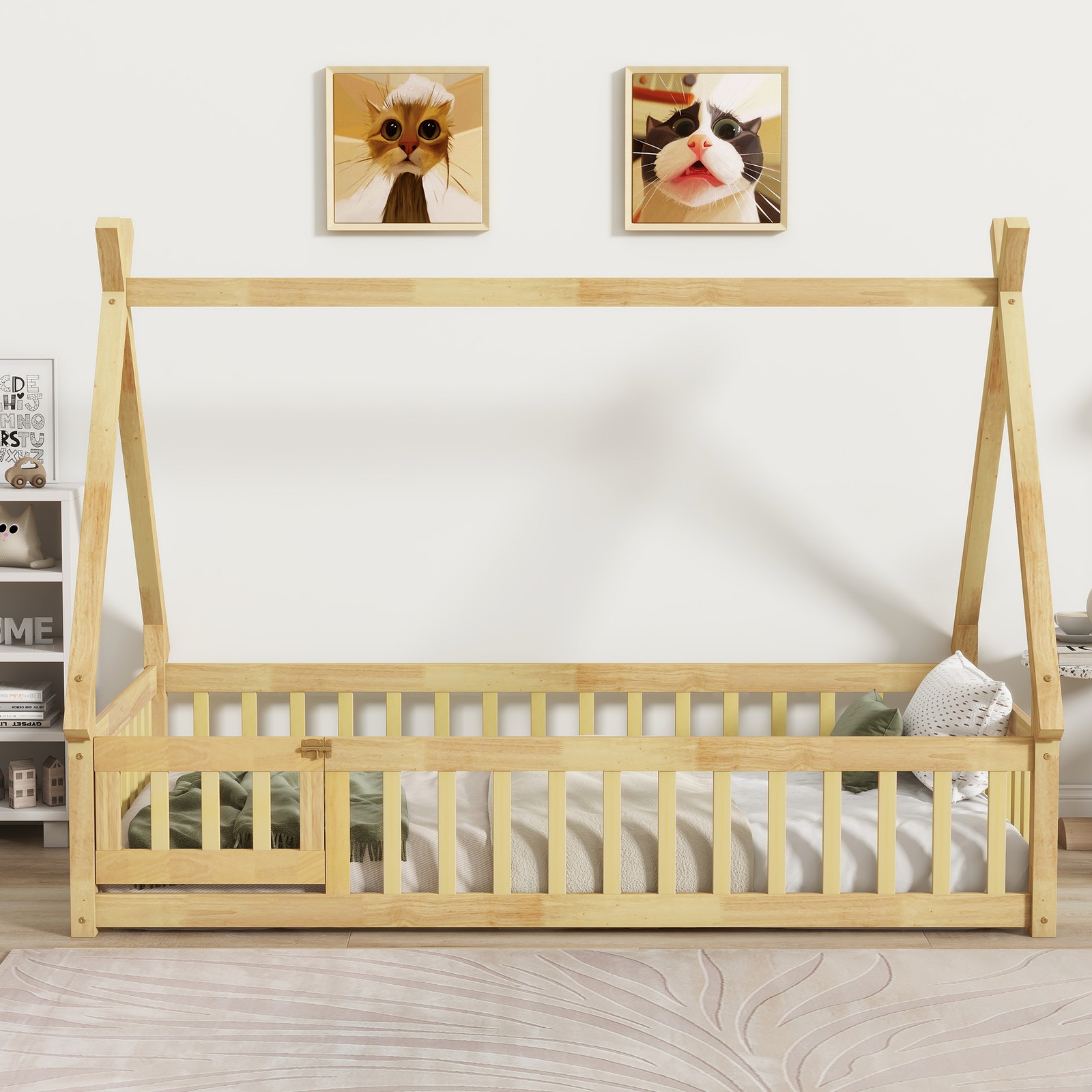 Twin Teepee Platform Bed Frame w/ Guardrails, Slatted Door, Rubber Wood