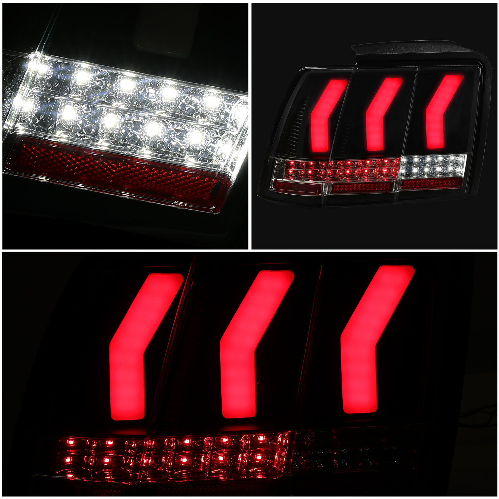 For 1999-2004 Ford Mustang Sequential Signal LED Tail Lights w/ Red Tube Black
