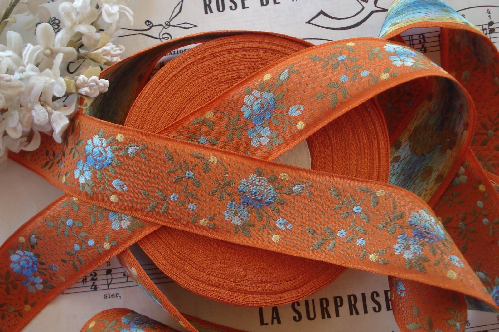 1y VINTAGE FRENCH BLUE ORANGE ROSE FLOWER JACQUARD ANTIQUE RIBBON DRESS TRIM HAT