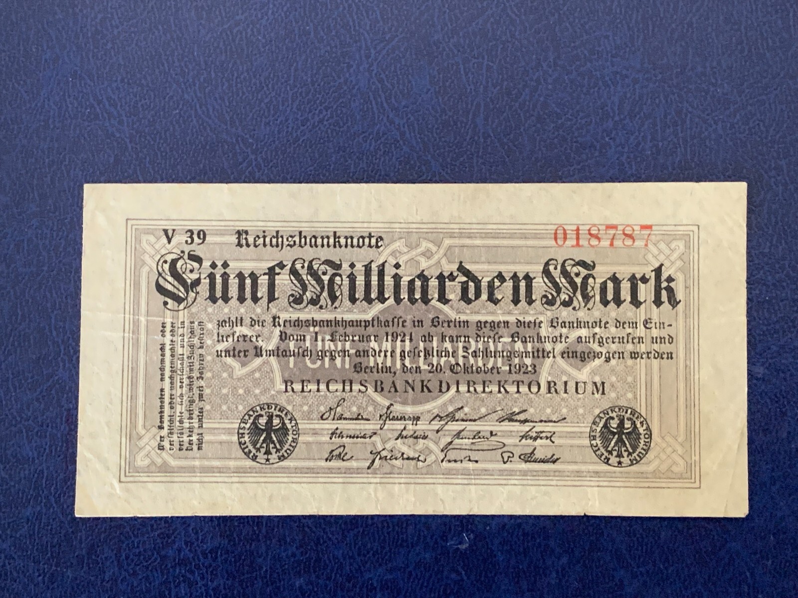 1923 GERMAN 5 BILLION MARK BANKNOTE/Small banknote/-VERY GOOD