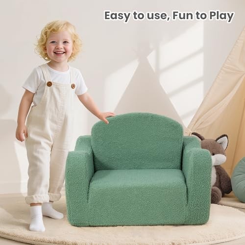 Comfy Toddler Chair & Kids, 2-in-1 Soft Couch Fold Out for Green Teddy Velvet