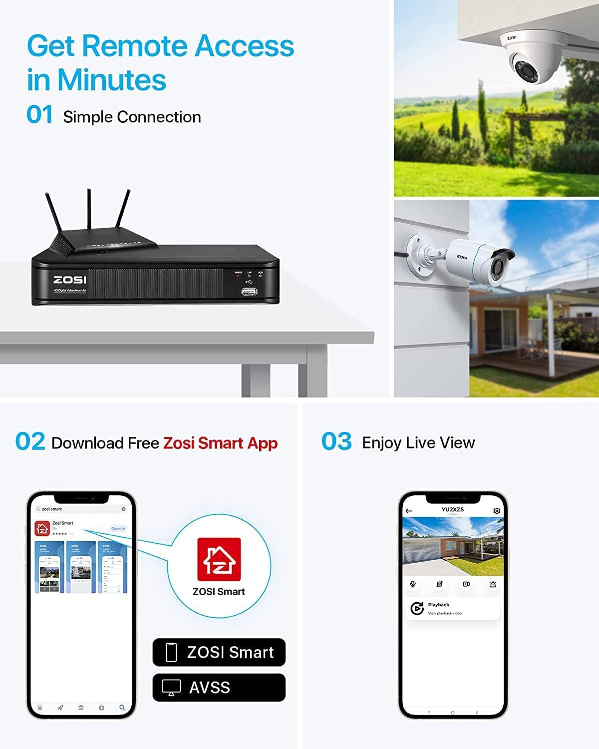 ZOSI 5MP Lite 8CH DVR Wired 2MP Security Camera System Remote View Motion Detect