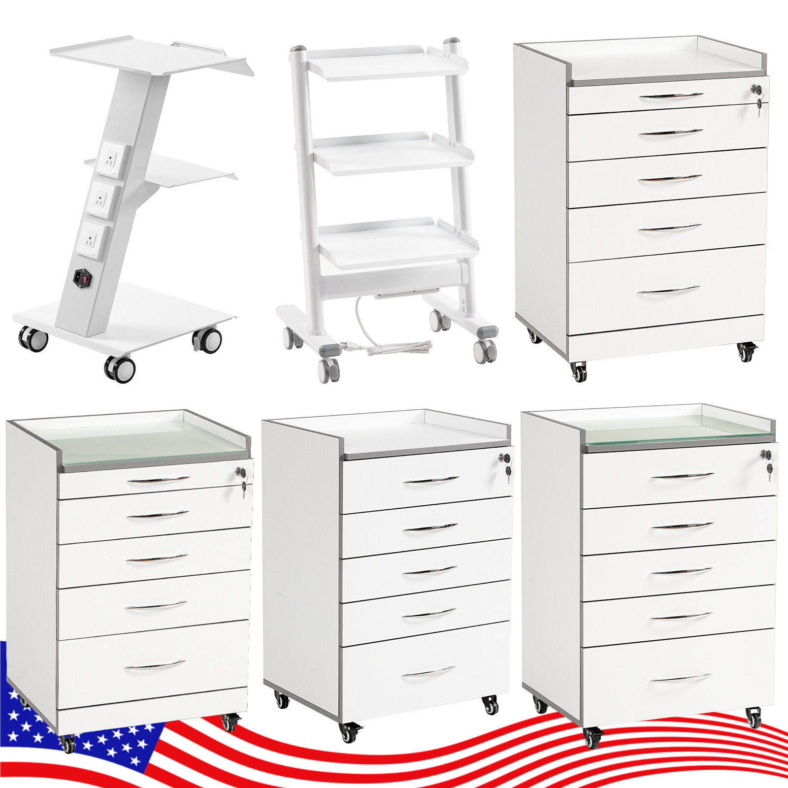 Dental 4/5Drawers Cart Acrylic Mobile Wooden Cabinet/Trolley Cart with Socket US