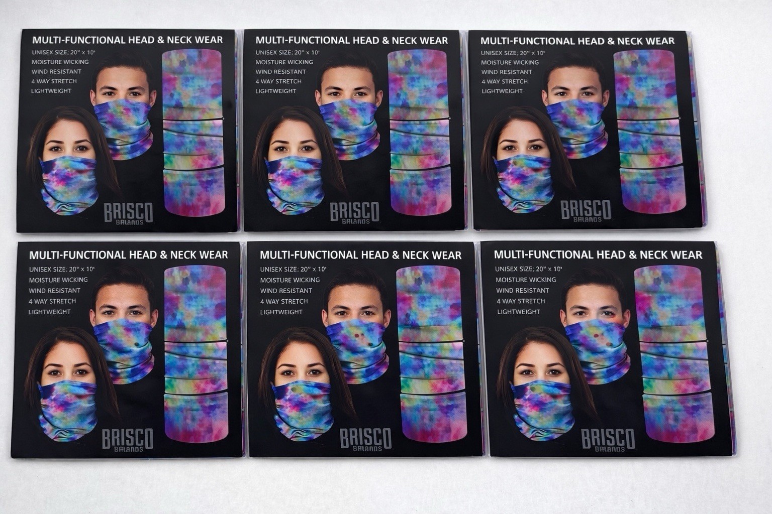 Lot of 6 Brisco Brands Water Color Tie Dye Neck Gaiter Face Mask  20x10
