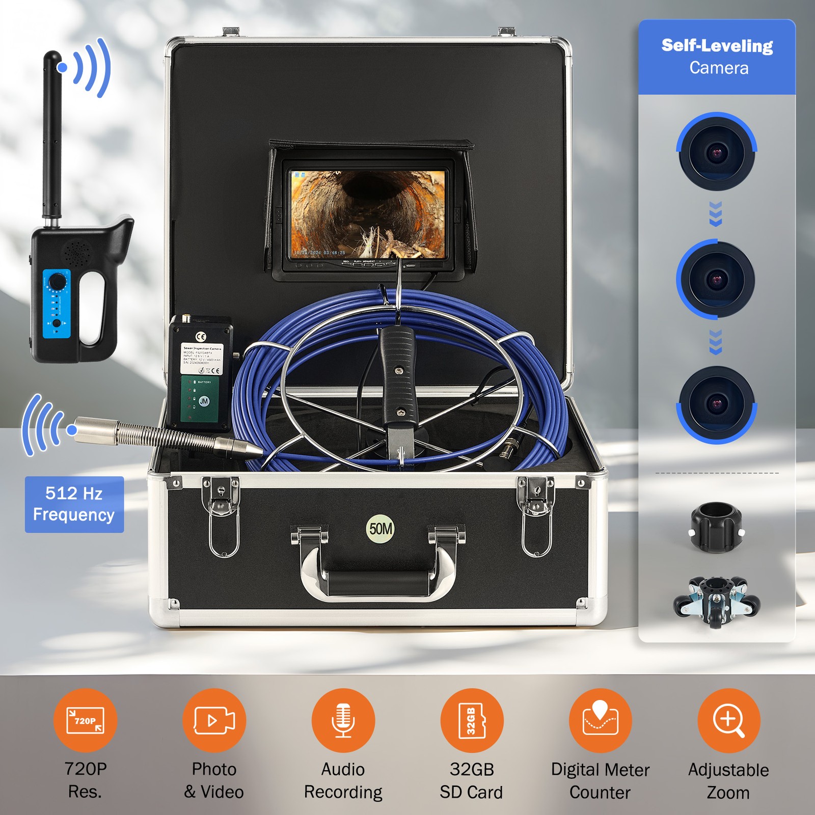 7 in. Self-Leveling Sewer Camera w 164ft Cable 512 Hz Locator for Drain Pipe