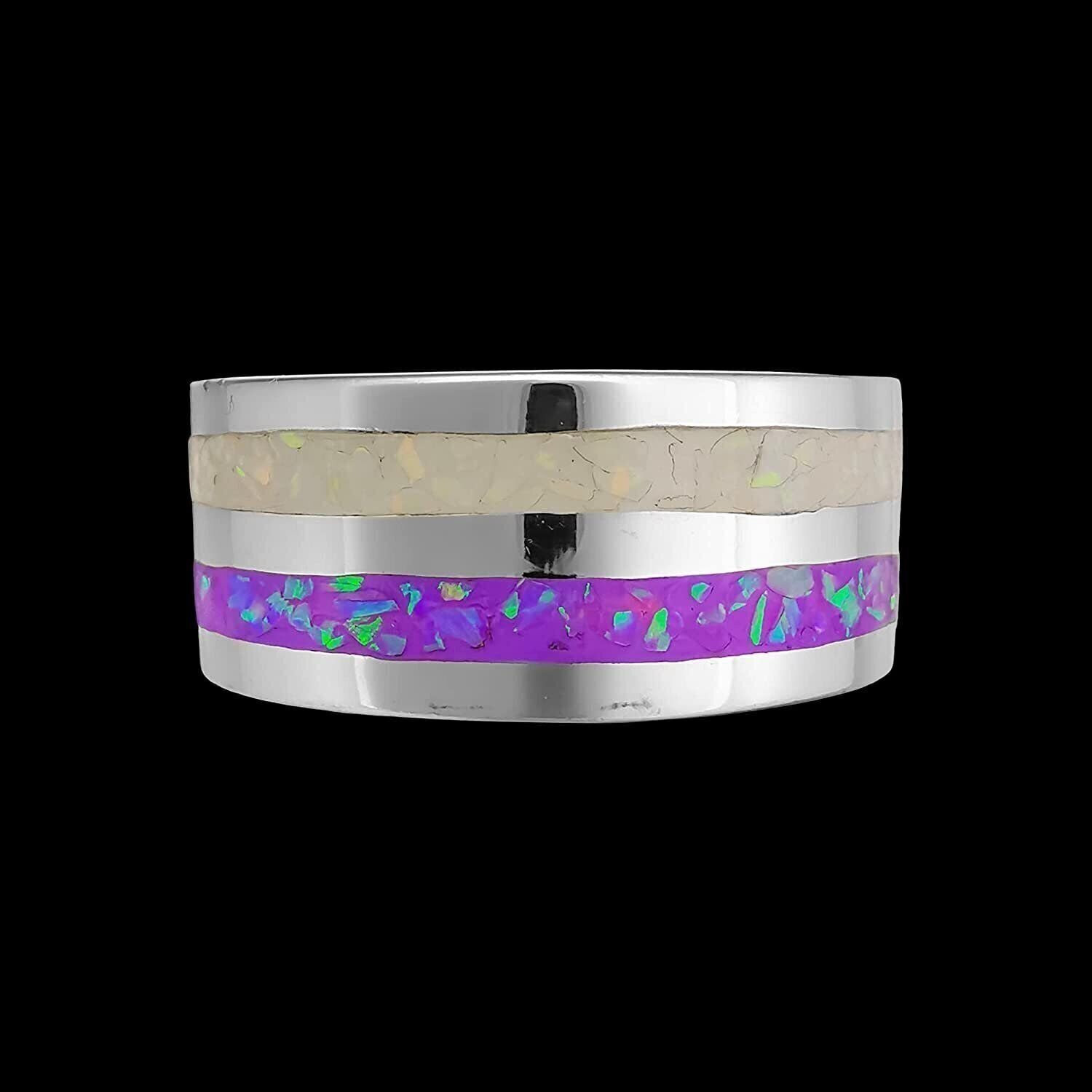 925 Sterling Silver White & Violet Opal Two-Loop Statement Ring - Handmade...