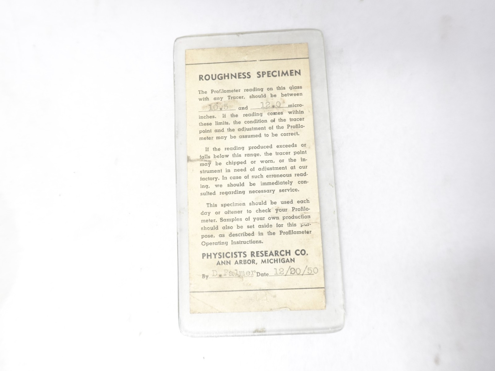 Vintage Physicists Research Co. Glass Roughness Specimen 10.5-12 Micro Inch NG7