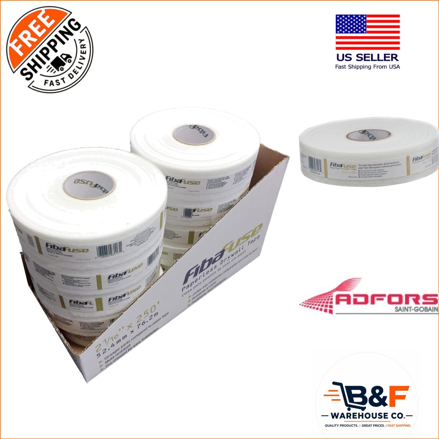 Professional FibaFuse Drywall Joint Tape, 2-1/16" x 250ft - Pack of 10 Rolls
