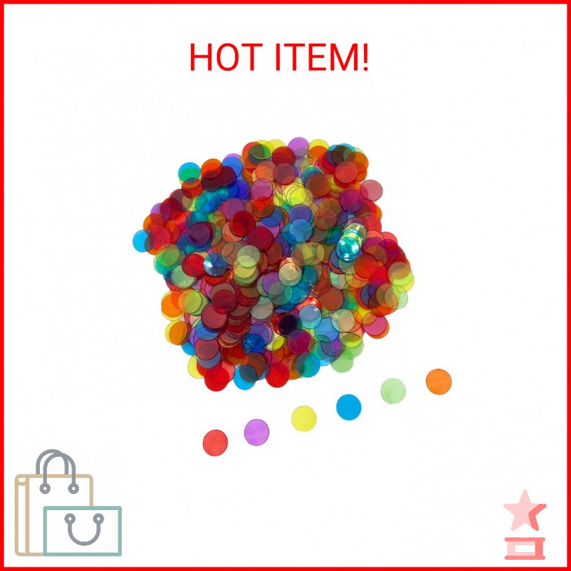 JUNWRROW 500 Pieces 3/4 inch Transparent 6 Color Bingo Counting Chips with Bag