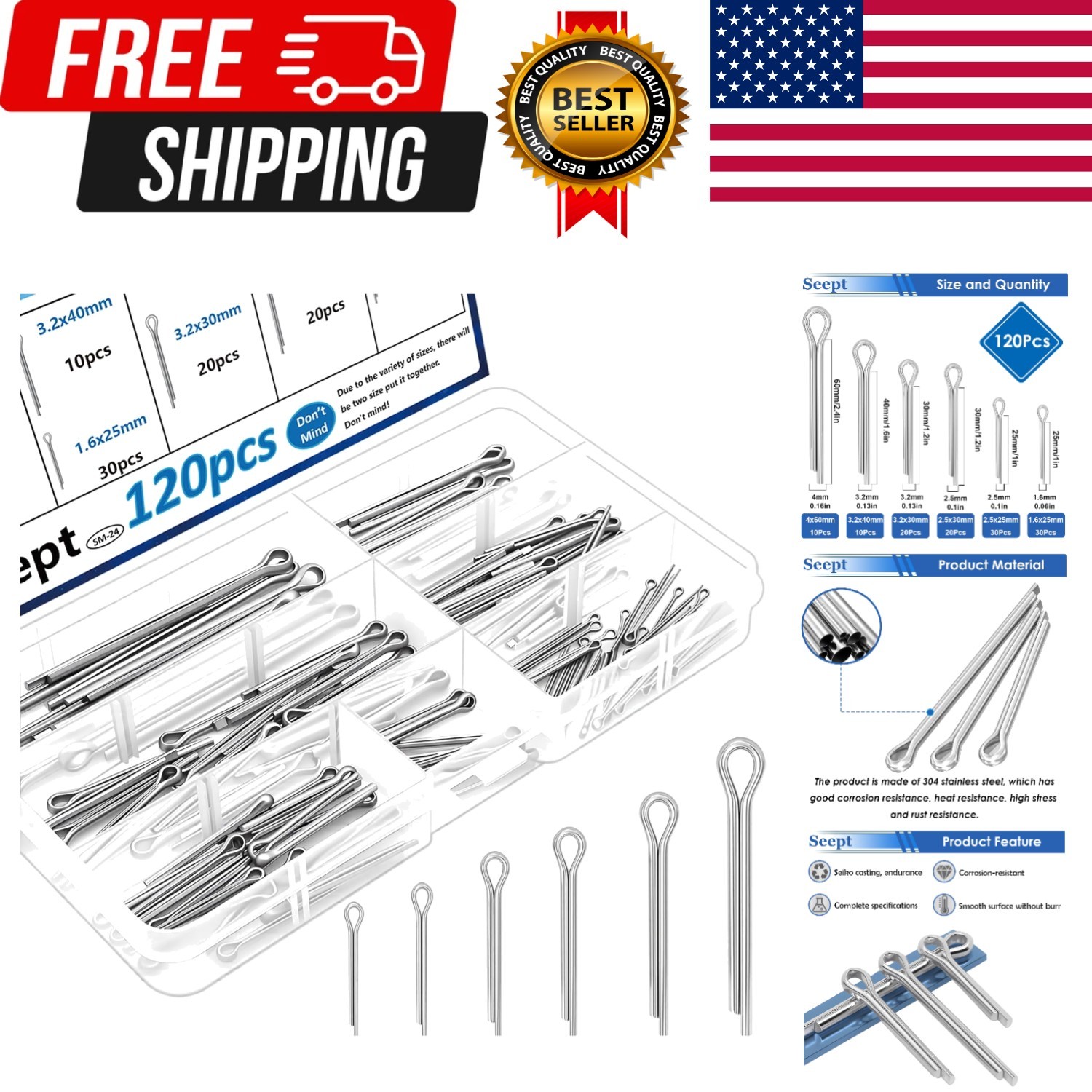 120Pcs Cotter Pins 304 Stainless Steel Cotter Pins Assortment Kit Tractor Pin Us