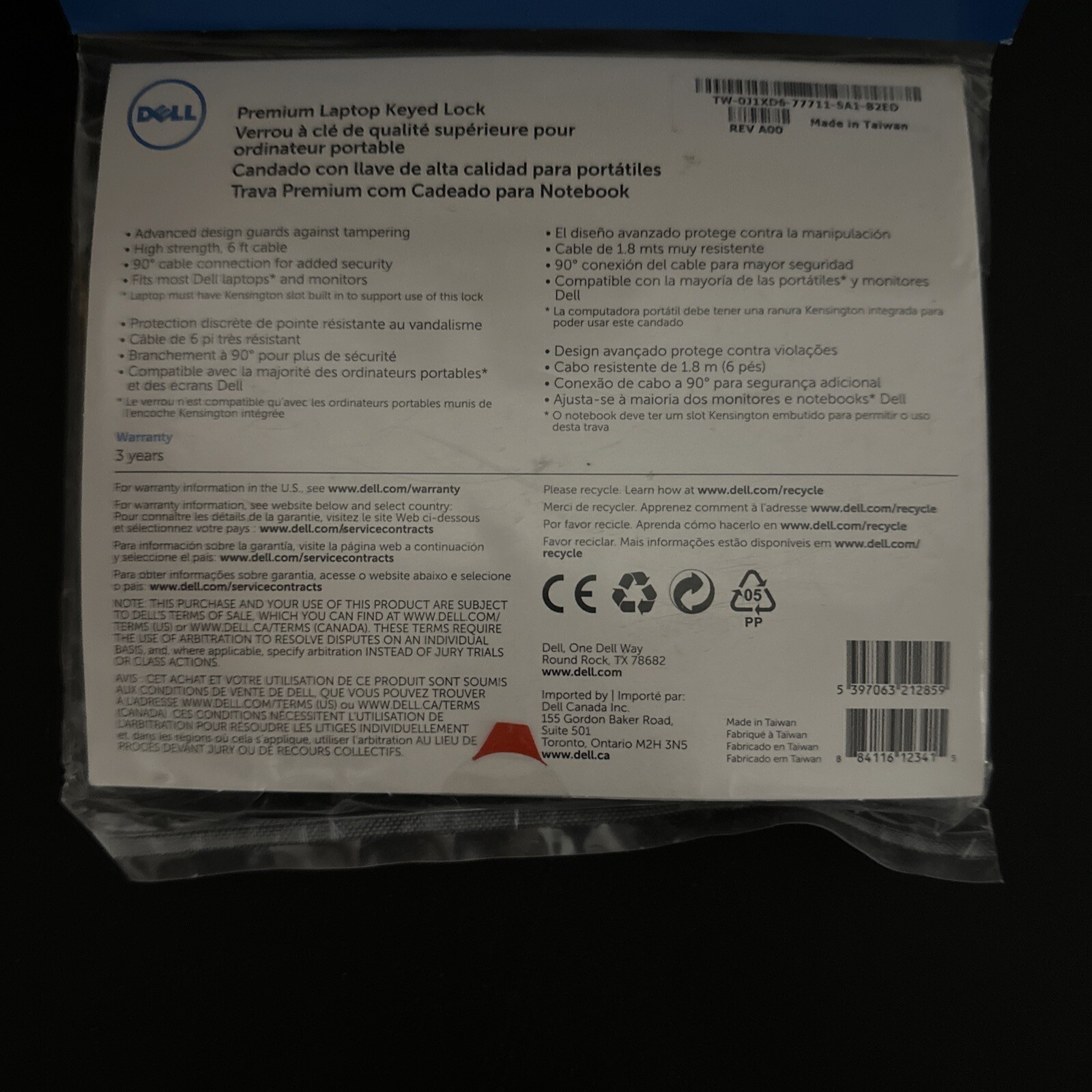 Dell Premium Laptop Keyed Lock Security Cable 6ft Black - New