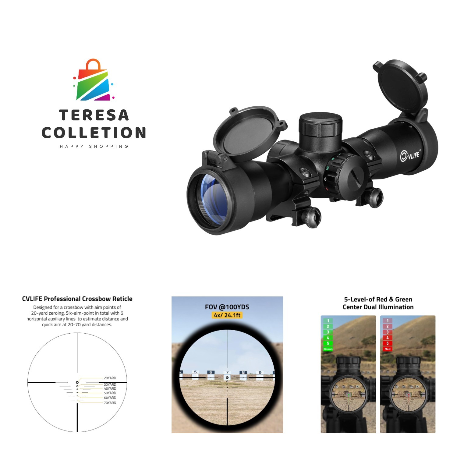 Crossbow Scope, Red Green Illuminated Compact Crossbow Scopes for Hunting 20-...