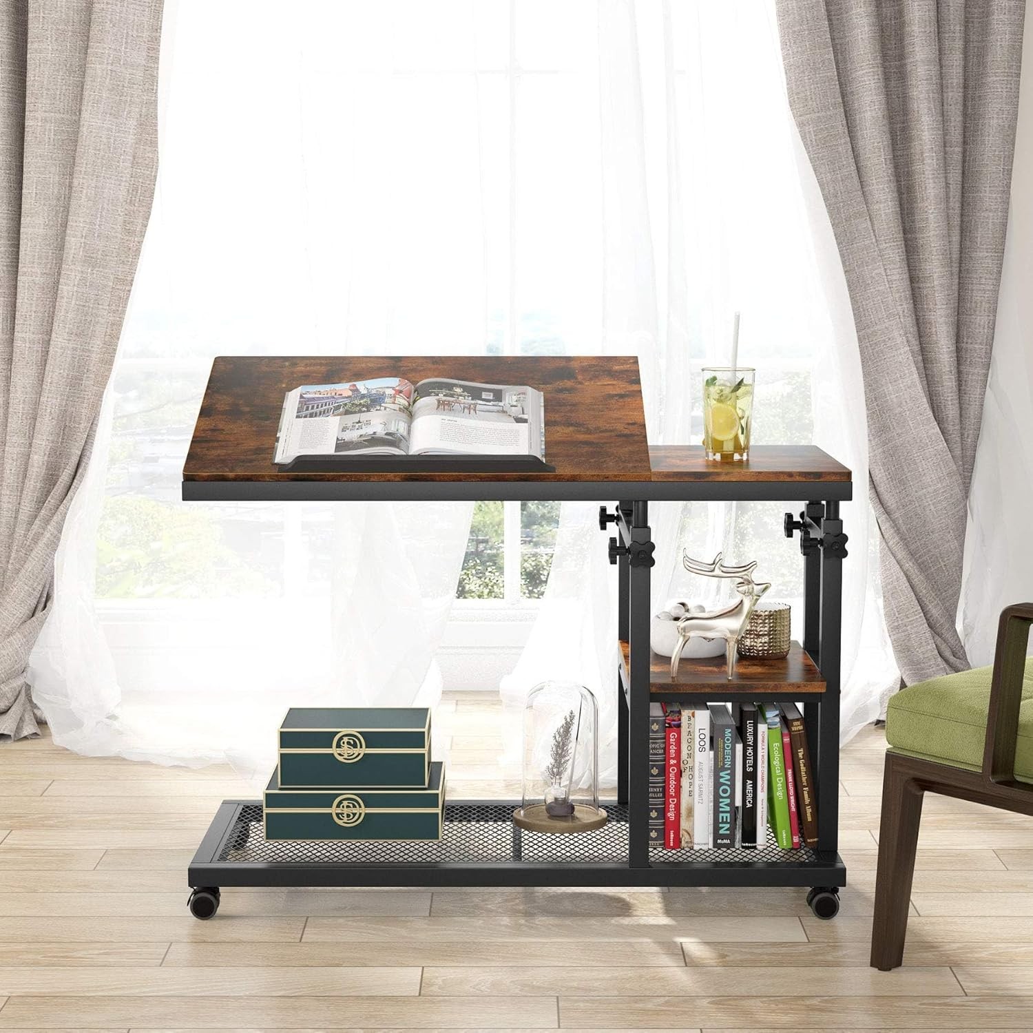 Height Adjustable C Table W/ Wheels Mobile Couch Snack Side Table W/ Tiltable