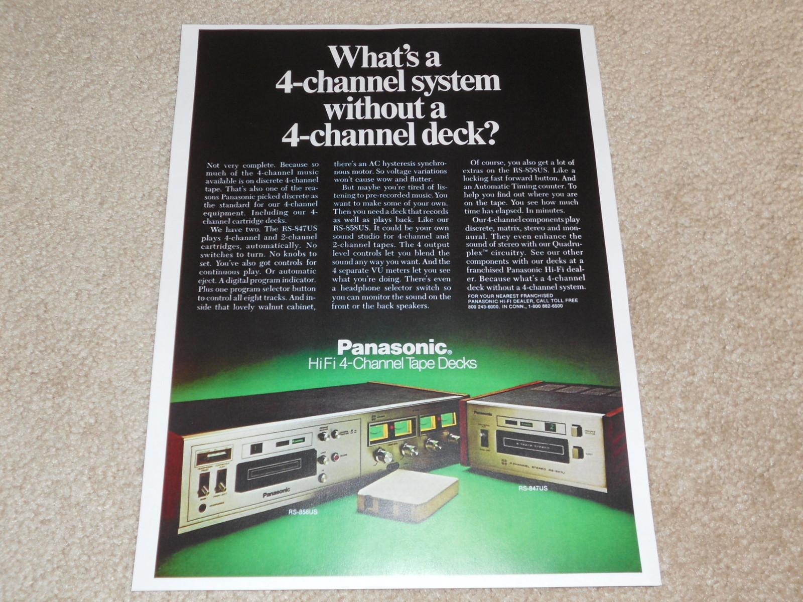 Panasonic RS-858US, 847US QUAD 8 Track Advertisement, 1 pg, 1972, Article