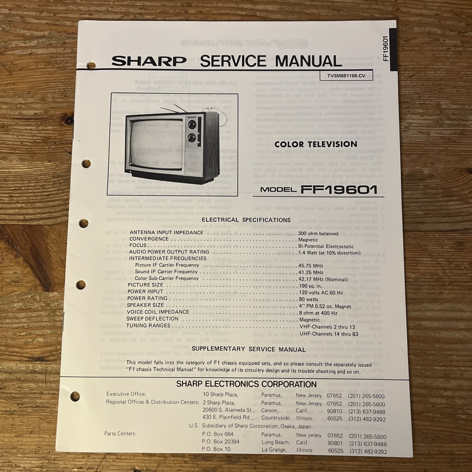 Sharp Service Manual FF19601 Color Television TV Repair Booklet