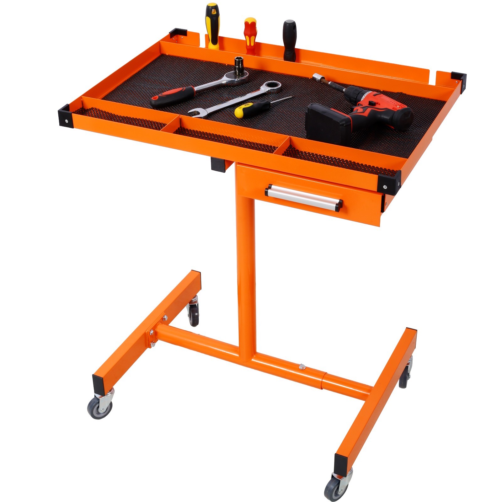 Portable Adjustable Garage Table 220lb Cap Orange Steel Drawer Casters