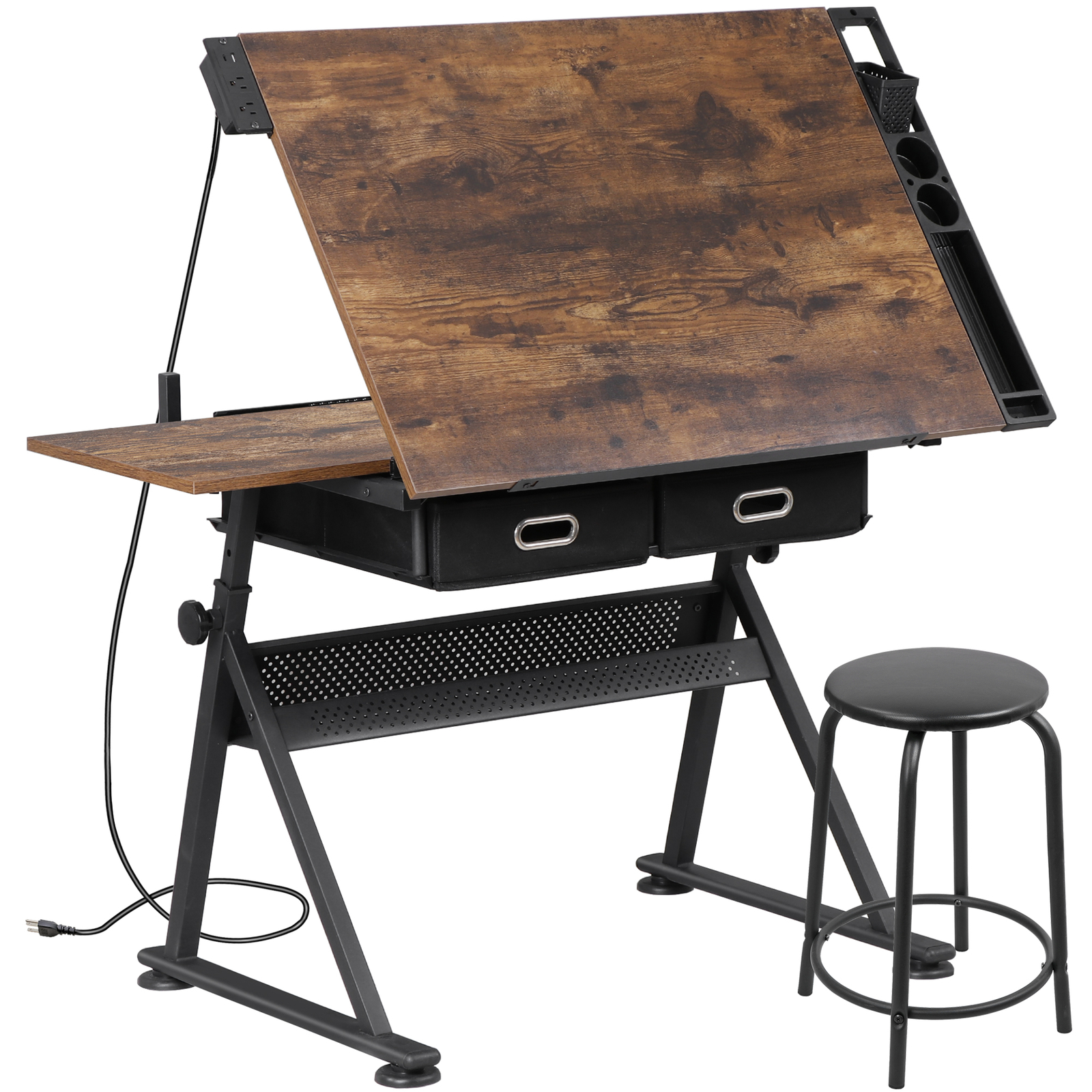 Drafting Table Artist Desk Drawing Table Adjustable Tabletop with Outlet Retro