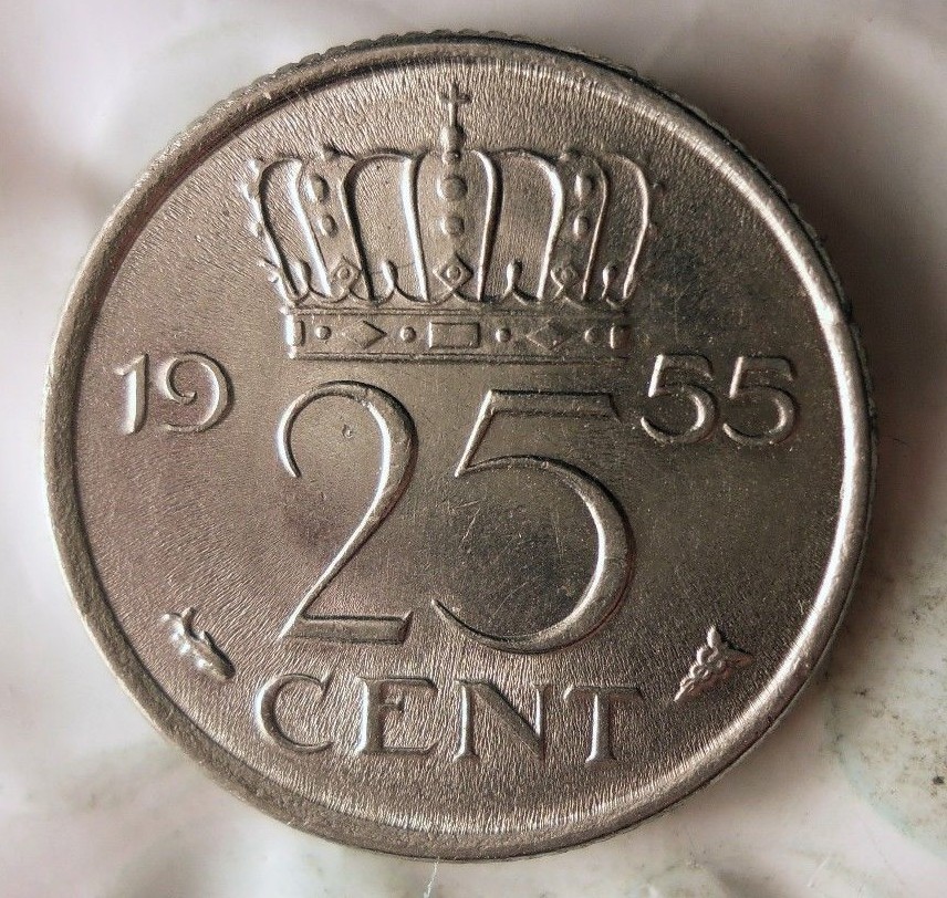 1955 NETHERLANDS 25 CENTS - AU/UNC - Great Coin -FREE SHIP - Netherlands Bin E