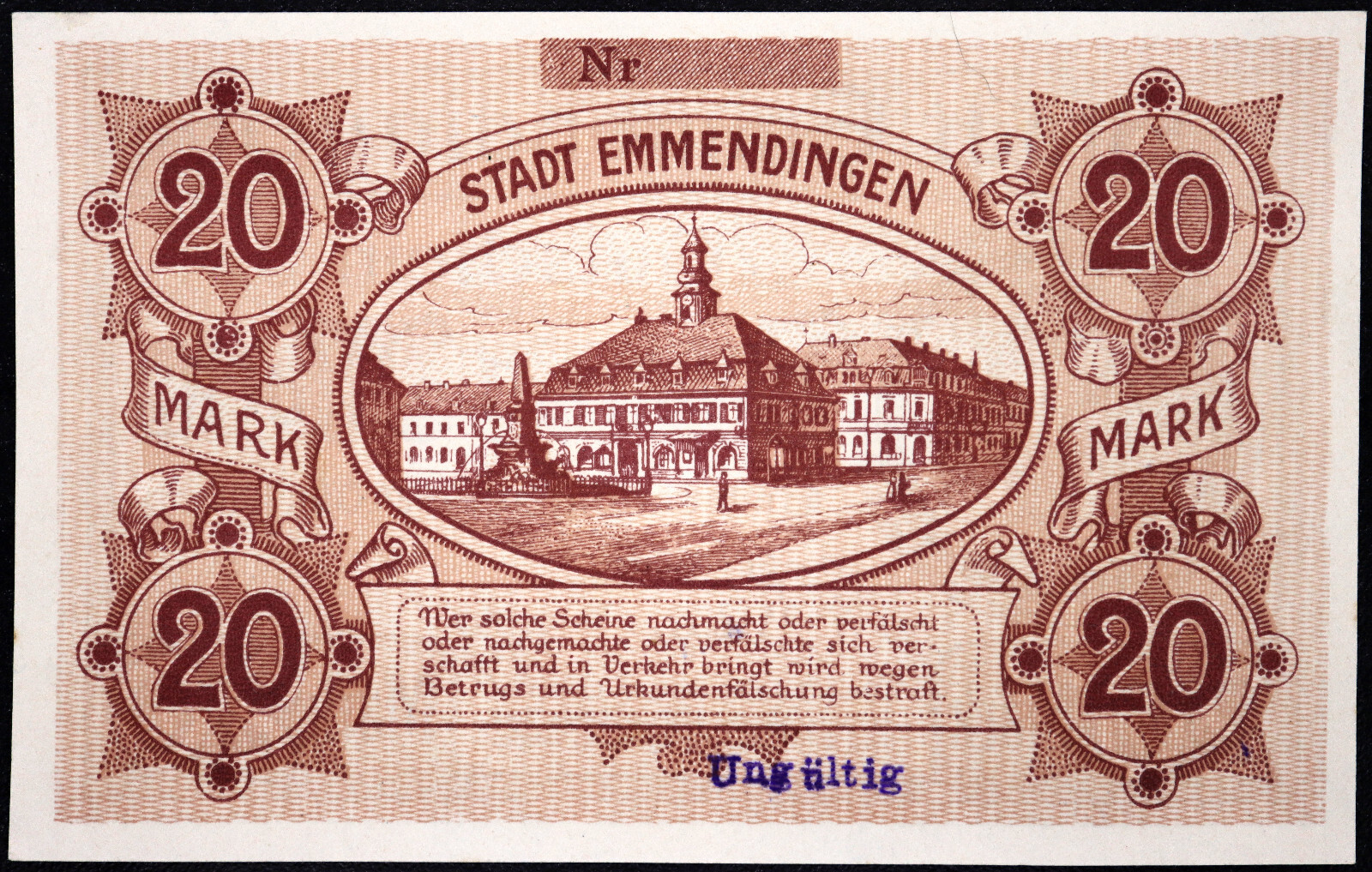 EMMENDINGEN 1918 20 Mark WWI Grossnotgeld German Notgeld Banknote no serial