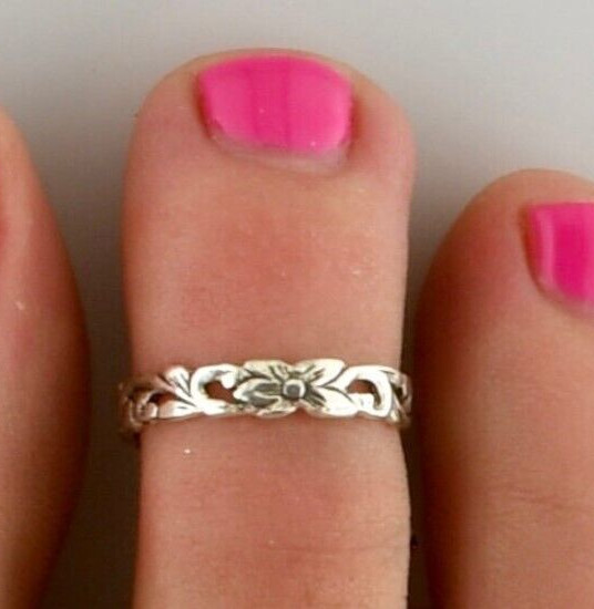 Solid Metal 925 Silver Women Leaf & Flower Adjustable Toe Ring White Gold Plated