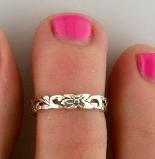 Solid Metal 925 Silver Women Leaf & Flower Adjustable Toe Ring White Gold Plated