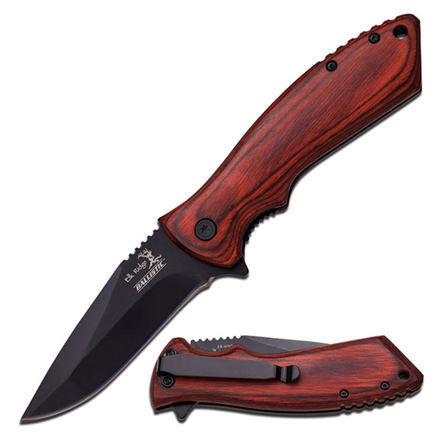 7.75" Elk Ridge Spring Assisted Knife w/Wood Handle and Pocket Clip