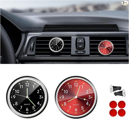 2PCS Mini Luminous Analog Clocks, Clock with Vent Clip & Adhe Color: Red+black