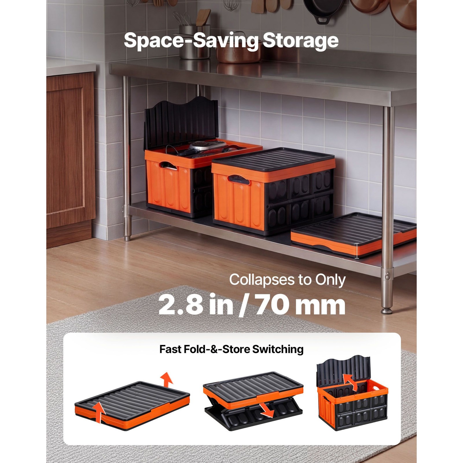 45L PP Foldable Storage Bins 3-Pack, Holds 44lb, Stackable
