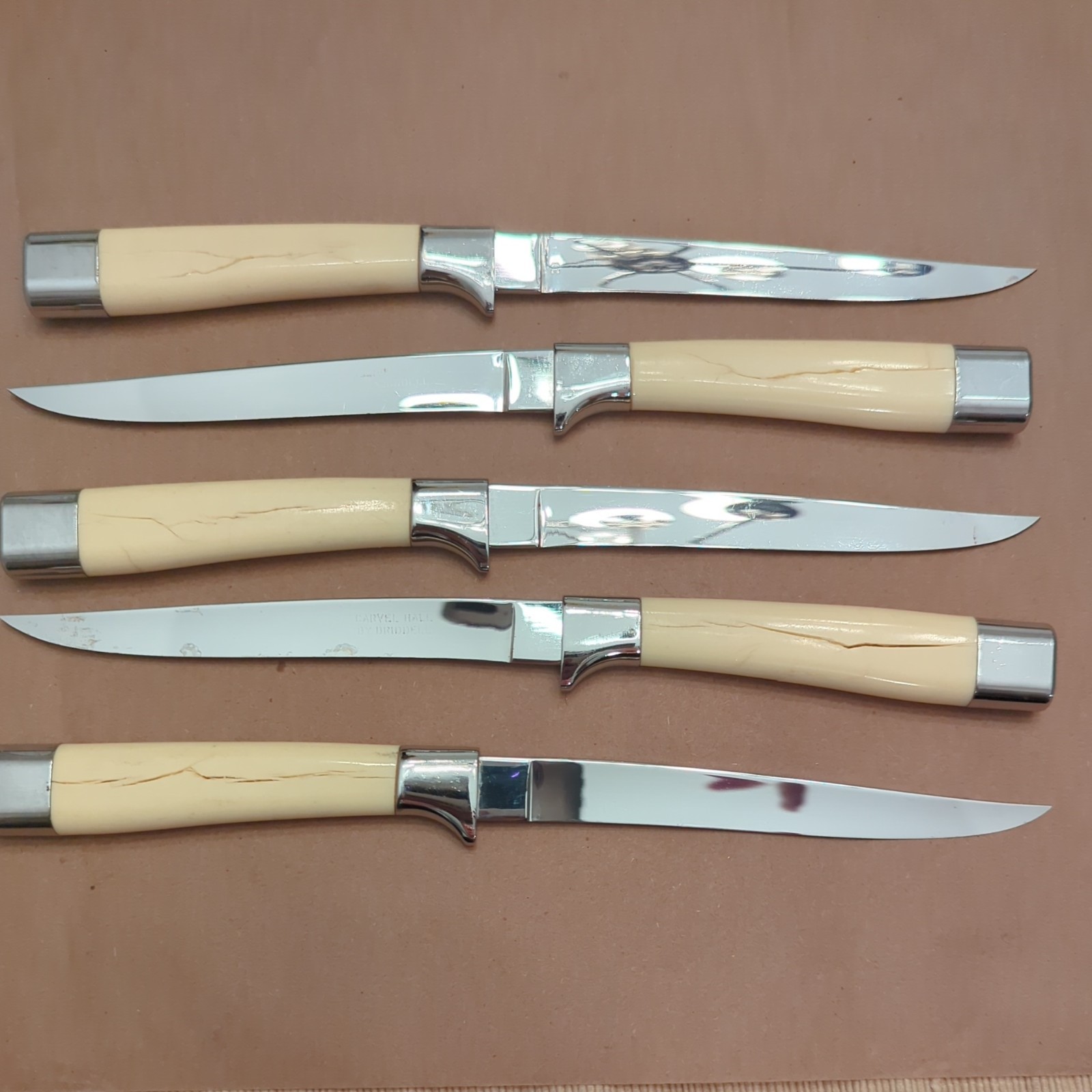 Vintage Set of 5 Carvel Hall Steak Knives by Briddell w/Ivory Composite Handles