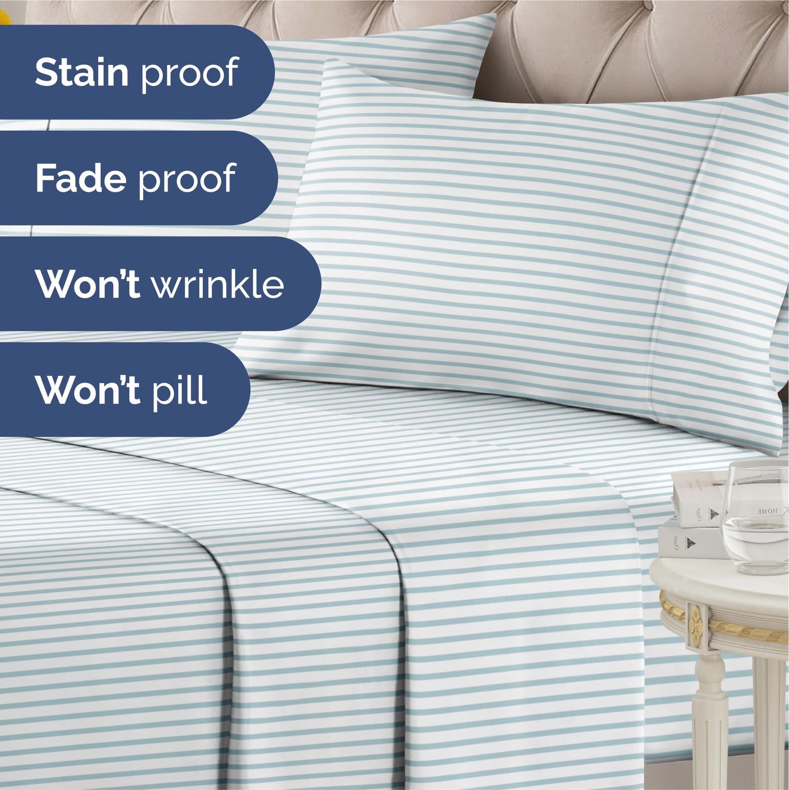 Striped Sheets - Blue & White Striped Sheets - 1 Flat & 1 Fitted & 2 Pillowca...
