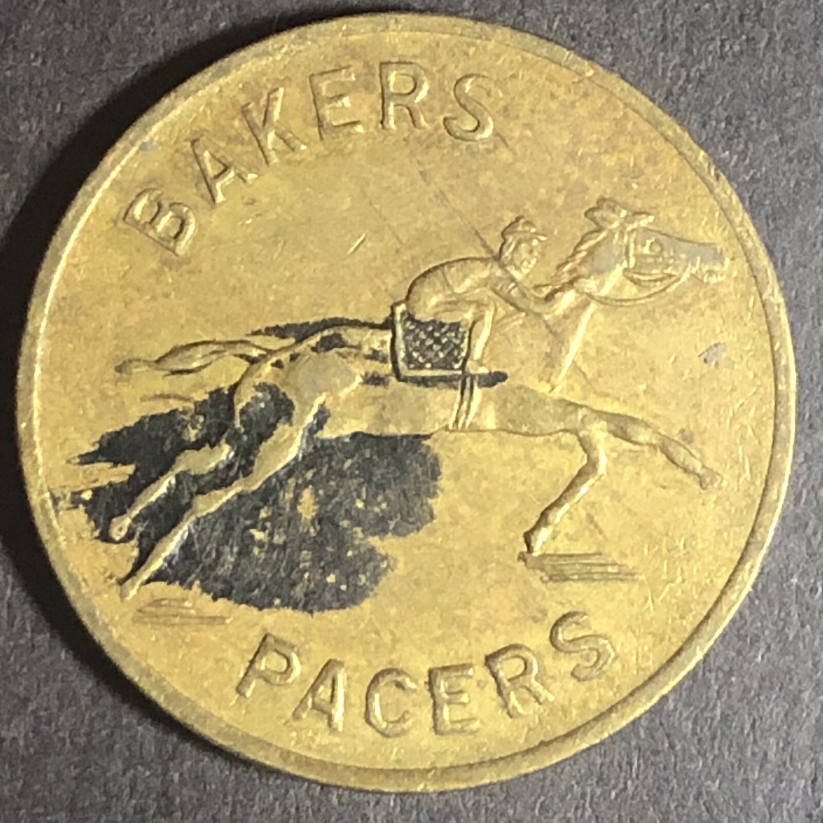 Bakers Pacers Brass Token G/F One Race 23mm Jockey on Horse Scarce