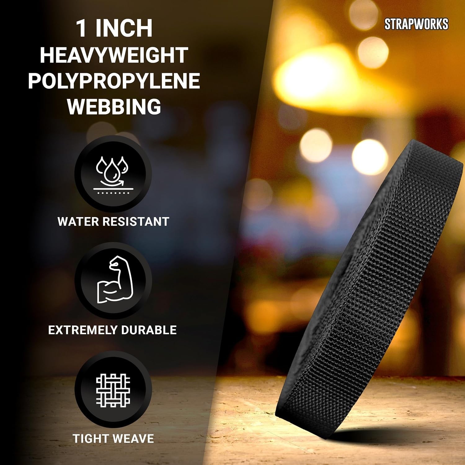 900lbs Strength Polypropylene Webbing - Versatile 1" x 10 Yards Black Straps