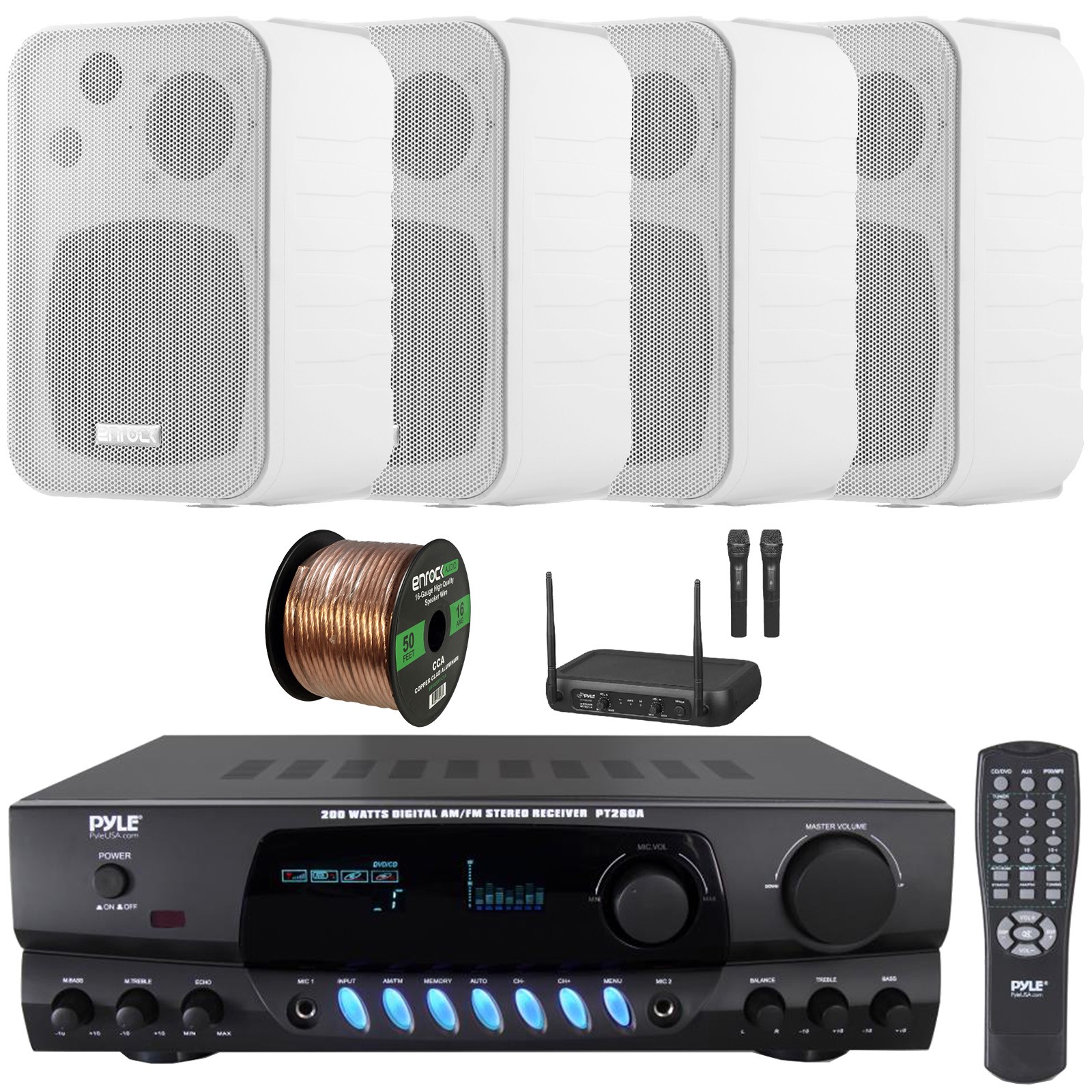 Pyle PT260A Display 200W Receiver, 4x 4" 30W 3-Way White Speakers, Mic System