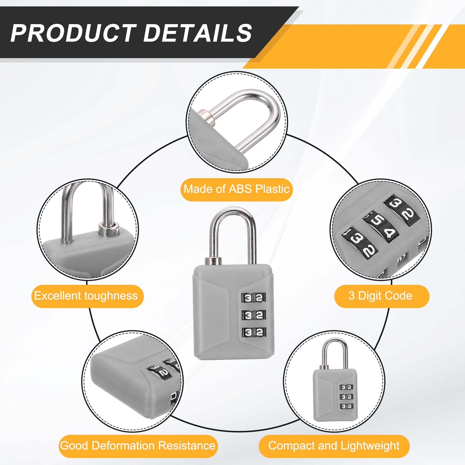 2pcs Resettable 3 Digit Plastic Combination Padlock, Gray (60 x 32mm)