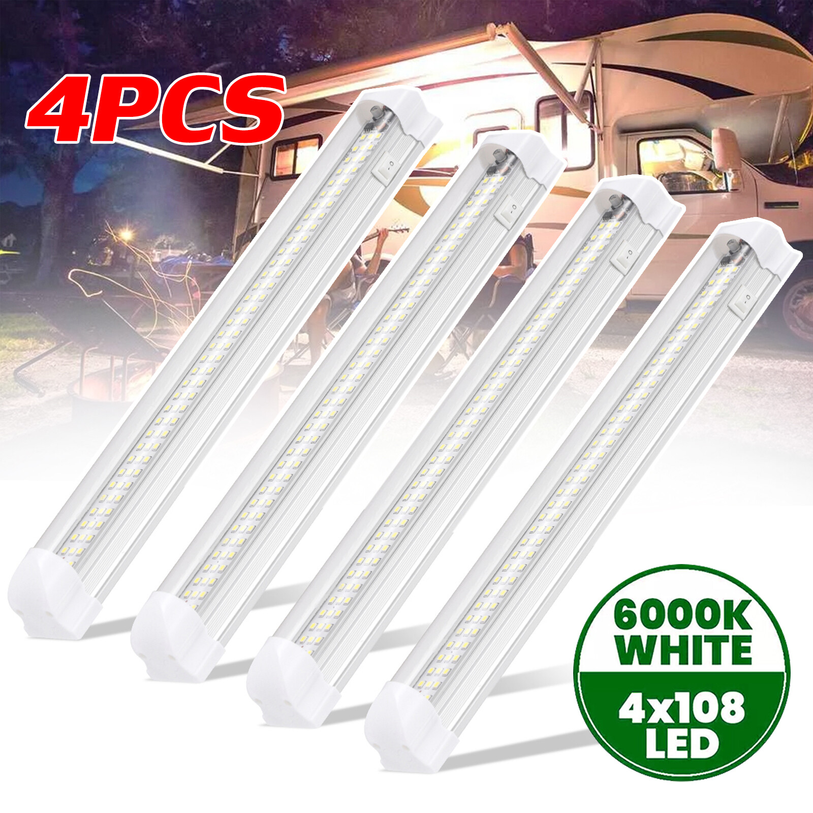 4PCS Bright 108 LEDs Ceiling Car Interior Strip Light Bar Lamp Trailer Camper