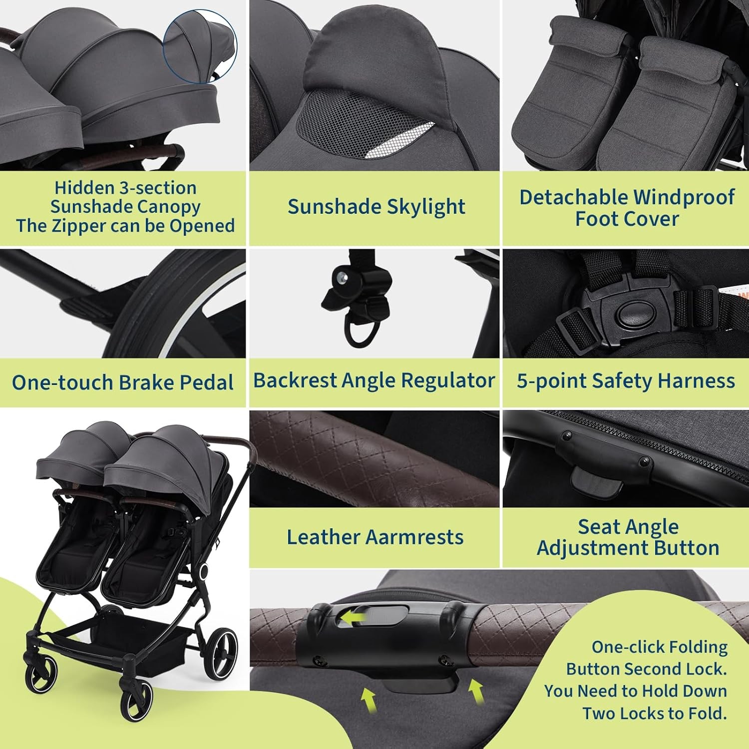 Aluminum Frame Twin Stroller, 5-Point Harness, Adjustable Backrest & All-Weather