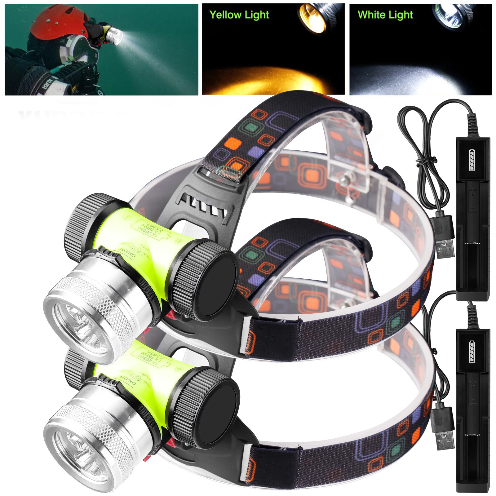 2x Scuba Diving LED Headlamp Underwater 262ft Waterproof Yellow+White Head Torch