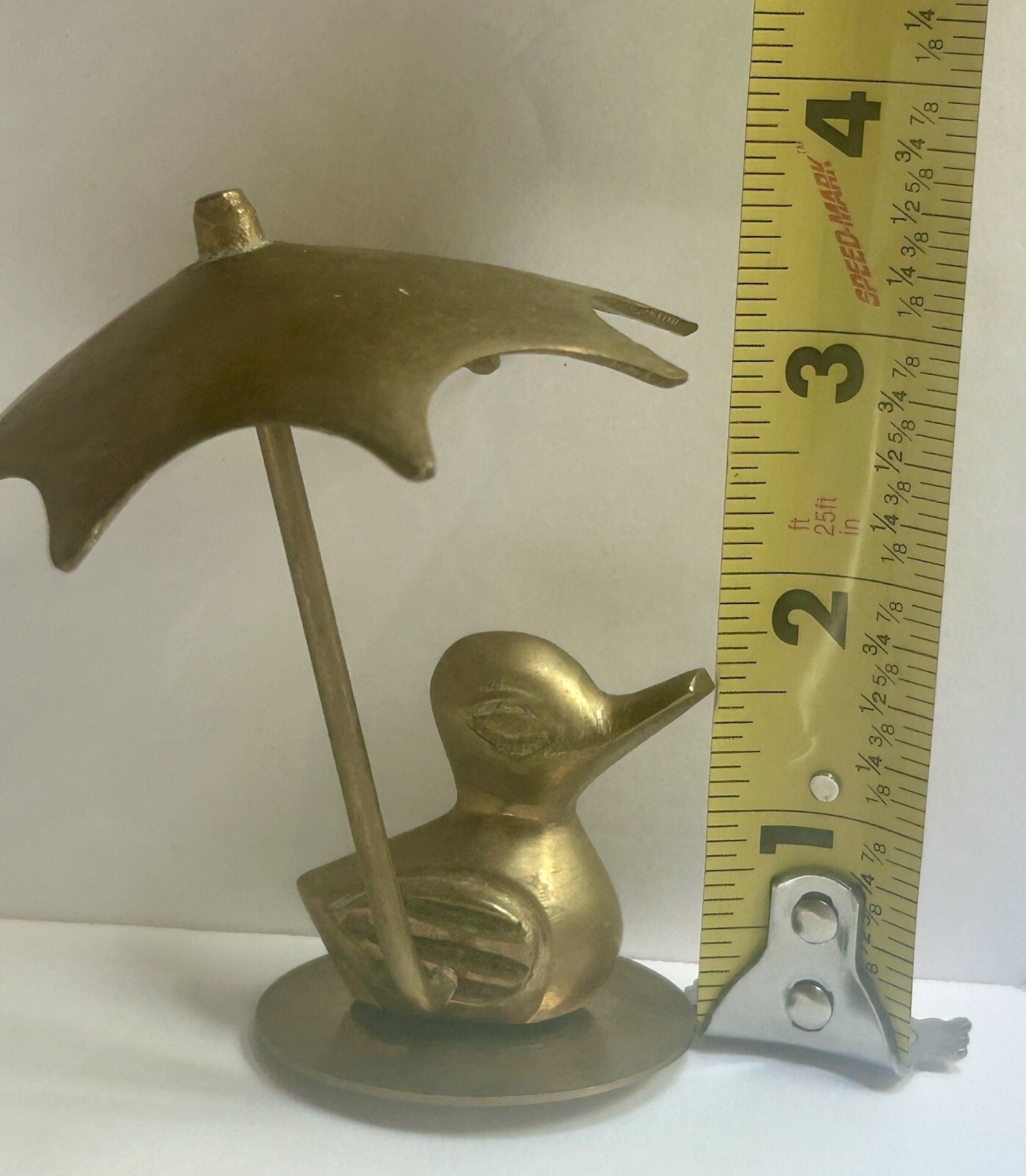 Vintage Solid Brass Duck With Open Umbrella Figurine Statue 4" Small Bird