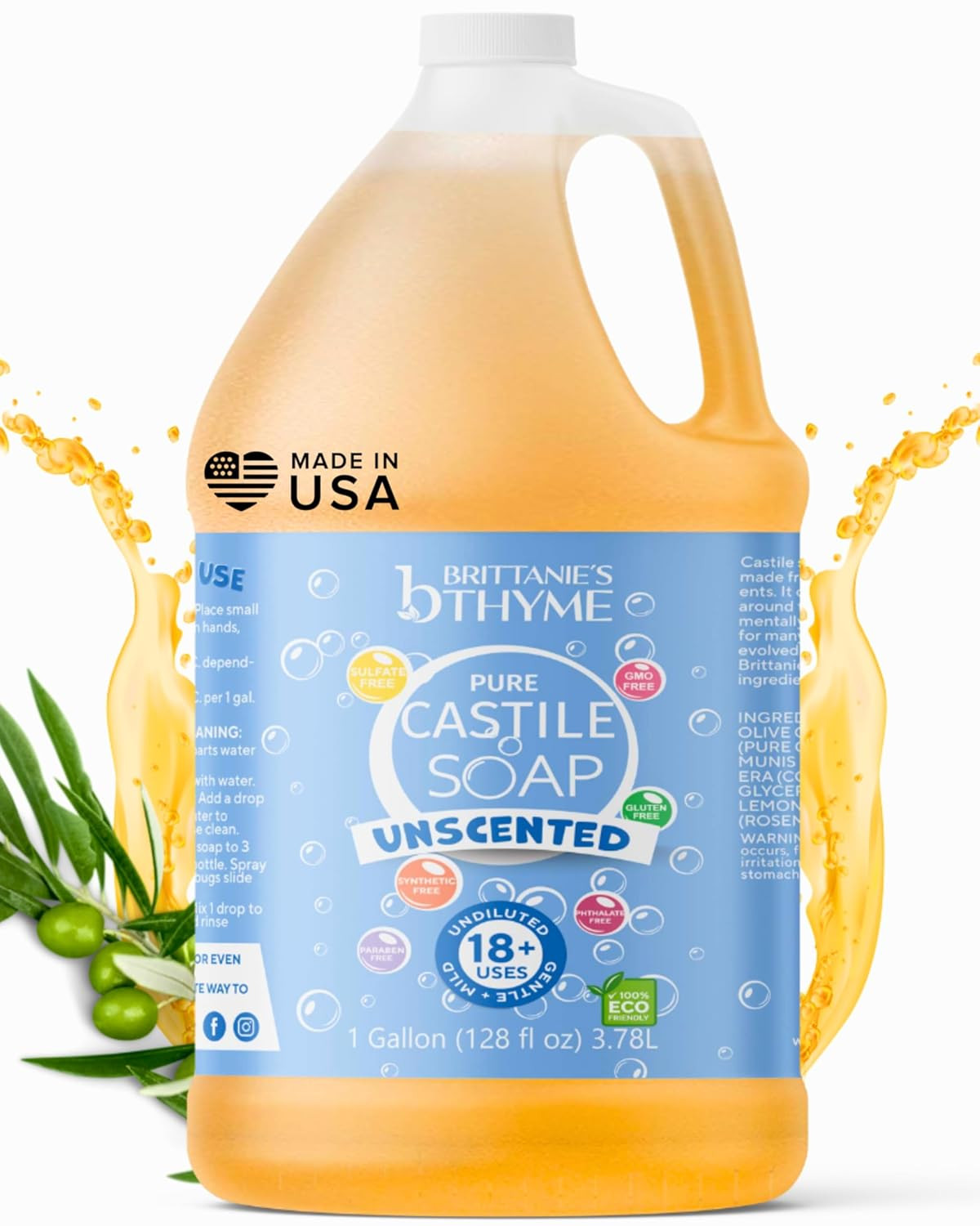 Organic Castile Liquid Olive Oil Soap Refill 1 Gallon Unscented All Purpose Vega