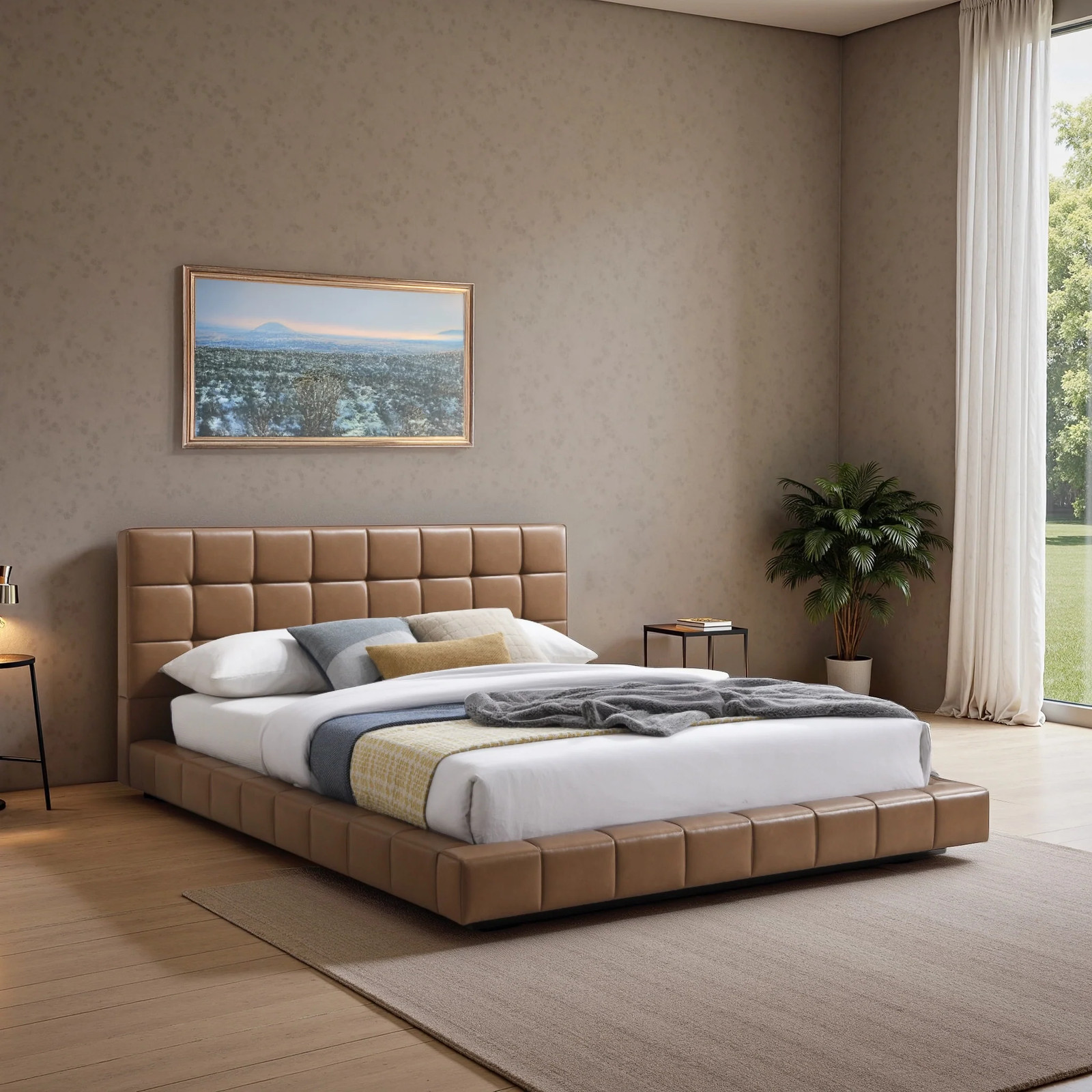 Hudson Tan Vegan Leather Upholstered Queen Platform Bed