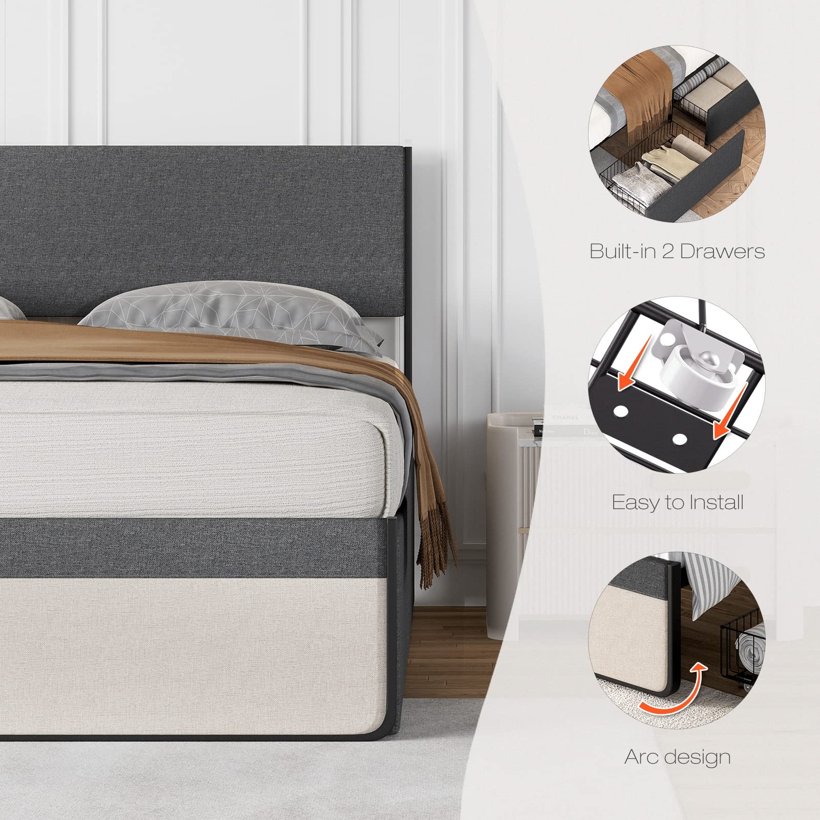 Queen Size Bed Frame, Upholstered Headboard ,Platform Bed Frame, Storage Drawers