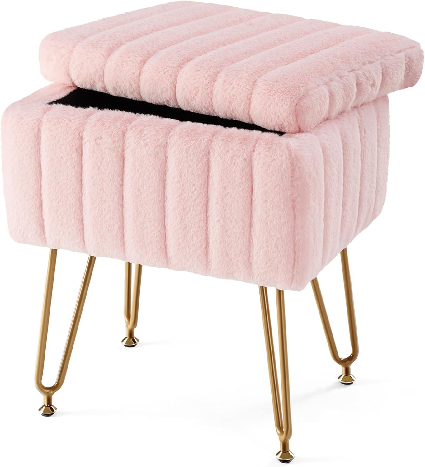 Vanity Stool Chair with Storage, 18.9”H X 16”L X 12.2”W Ottoman Chair Faux Fur S